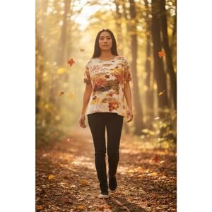 Vintage Collections Etc Ivory Earthtones 2XL Embellished Autumn Leaves Tunic Top